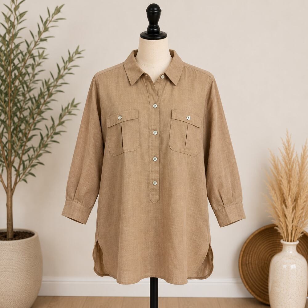 Chico's No Iron Half Button Tan Linen Blouse Size 12